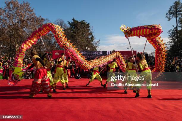 Performers during the Chinese New Year celebrations on January 22, 2023 in Milan, Italy.