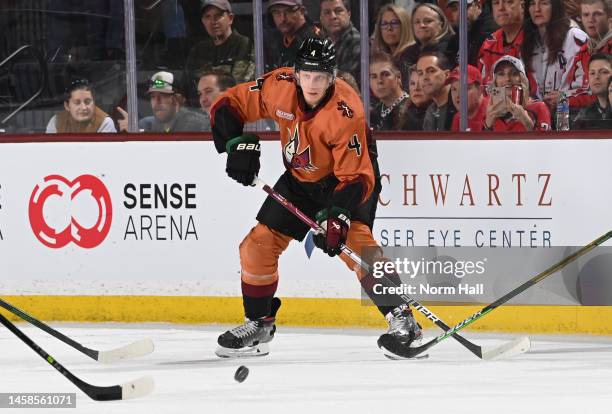 Juuso Valimaki of the Arizona Coyotes passes the puck against the Washington Capitals at Mullett Arena on January 19, 2023 in Tempe, Arizona.