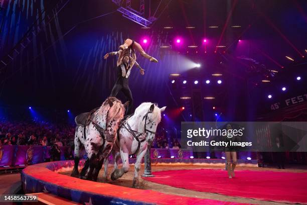 Quincy Azzario, Merrylu and Rene Casselly junior perform during the 45th International Circus Festival : Day Three on January 22, 2023 in Monaco,...