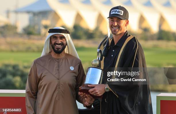 Victor Perez of France is presented with the Abu Dhabi HSBC Falcon Trophy by His Highness Sheikh Nahyan Bin Zayed Al Nahyan, Chairman of Abu Dhabi...