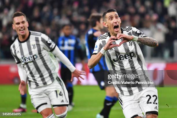 Angel Di Maria of Juventus celebrates after scoring the side's first goal during the Serie A match between Juventus and Atalanta BC at Allianz...