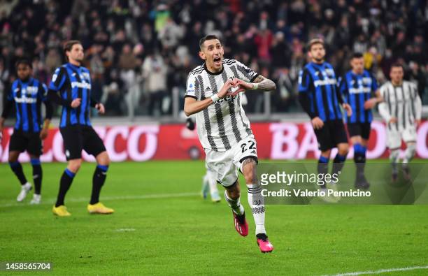 Angel Di Maria of Juventus celebrates after scoring the side's first goal during the Serie A match between Juventus and Atalanta BC at Allianz...