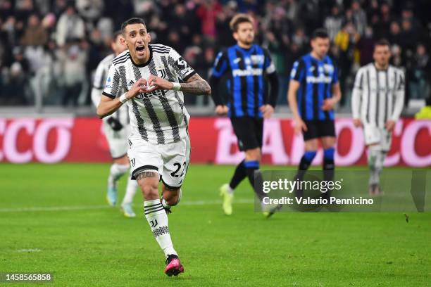 Angel Di Maria of Juventus celebrates after scoring the side's first goal during the Serie A match between Juventus and Atalanta BC at Allianz...