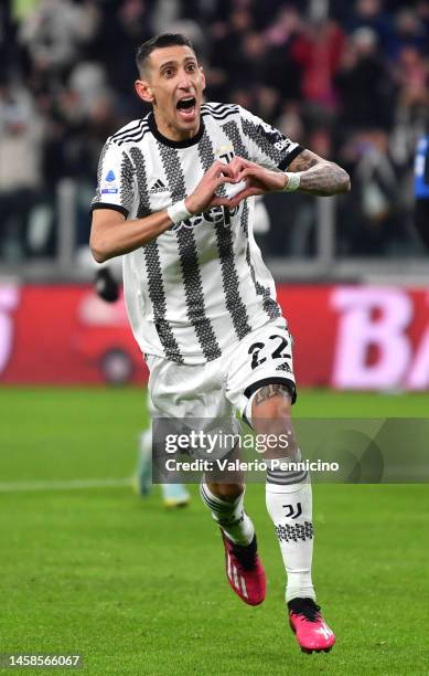 Angel Di Maria of Juventus celebrates after scoring the side's first goal during the Serie A match between Juventus and Atalanta BC at Allianz...