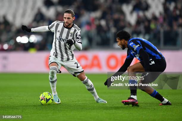 Adrien Rabiot of Juventus runs with the ball during the Serie A match between Juventus and Atalanta BC at Allianz Stadium on January 22, 2023 in...