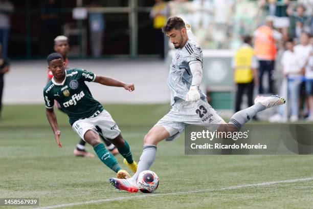 Rafael of Sao Paulo kicks the ball in front of Endrick of Palmeiras during the match between Palmeiras and Sao Paulo as part of Sao Paulo State...