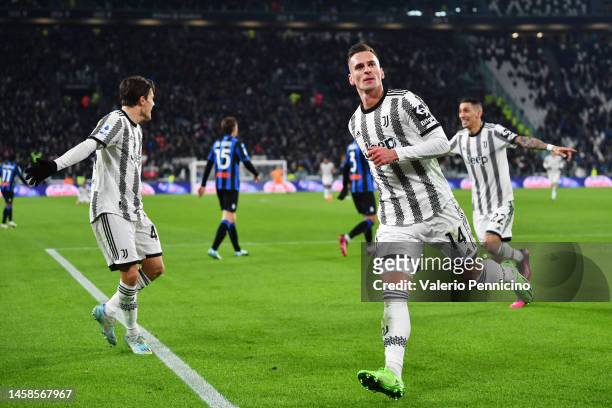 Arkadiusz Milik of Juventus celebrates after scoring the team's second goal during the Serie A match between Juventus and Atalanta BC at Allianz...