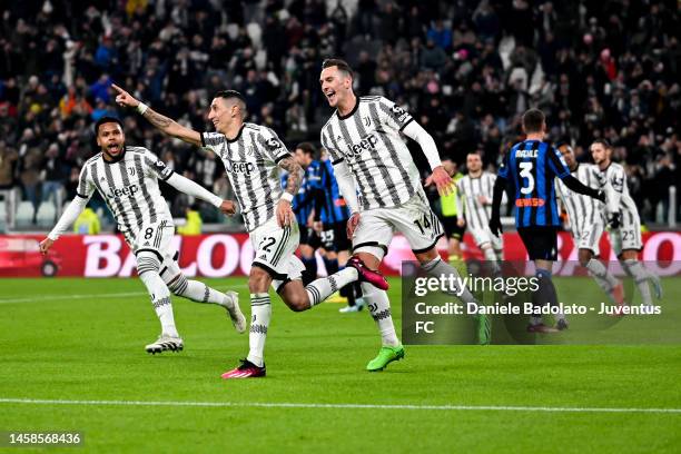 Angel Di Maria of Juventus celebrates after scoring his team's first goal with teammates Weston McKennie and Arkadiusz Krystian Milik during the...