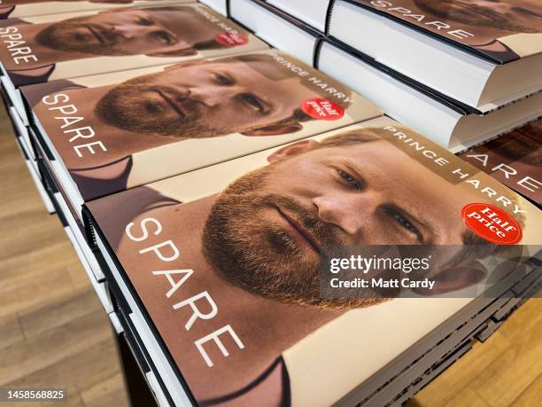 Prince Harry's book on display in a book store on January 22, 2023 in Bath, England. Prince Harry's much anticipated memoir "Spare" officially went...
