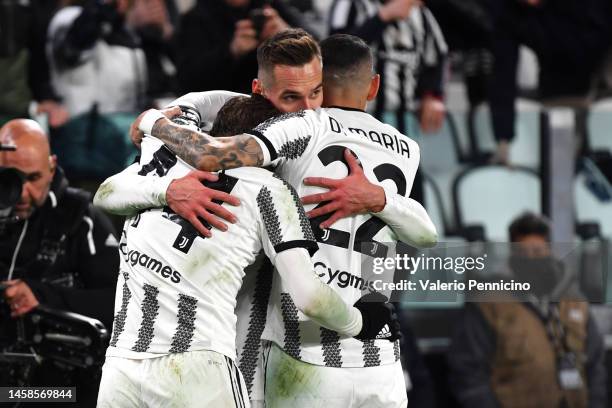 Arkadiusz Milik of Juventus celebrates after scoring the team's second goal during the Serie A match between Juventus and Atalanta BC at Allianz...