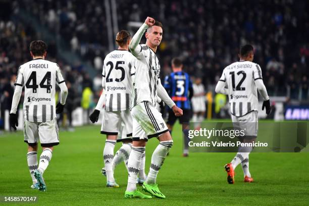 Arkadiusz Milik of Juventus celebrates after scoring the team's second goal during the Serie A match between Juventus and Atalanta BC at Allianz...