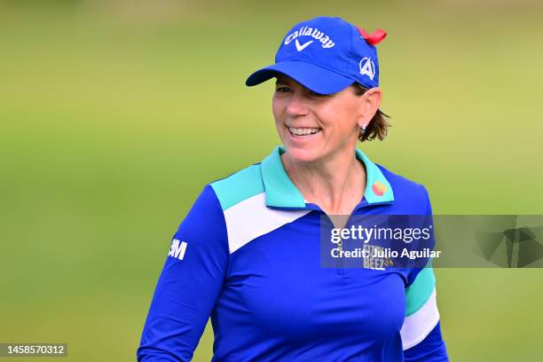 Annika Sörenstam of Sweden reacts on the driving range prior to the final round of the Hilton Grand Vacations Tournament of Champions at Lake Nona...