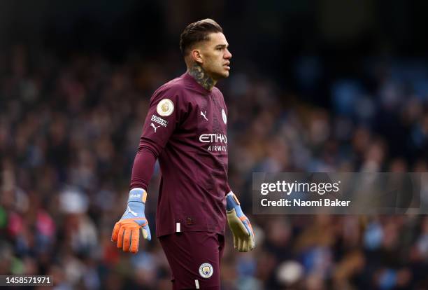 Ederson of Manchester City during the Premier League match between Manchester City and Wolverhampton Wanderers at Etihad Stadium on January 22, 2023...