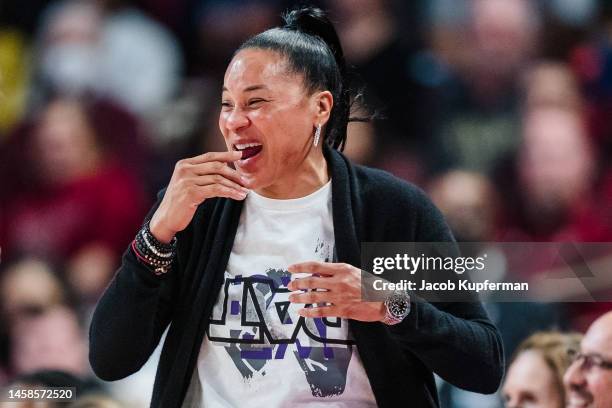 Head coach Dawn Staley of the South Carolina Gamecocks looks on in the first quarter during their game against the Arkansas Razorbacks at Colonial...