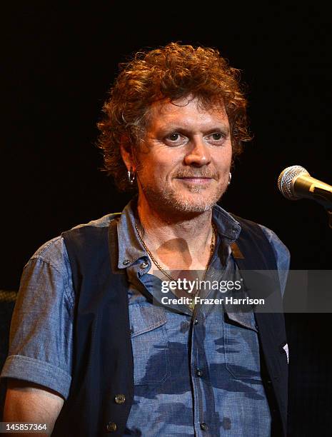 Def Leppard's Rick Allen takes part in a Q+A at YouTube Presents Def Leppard At The House Of Blues at House of Blues Sunset Strip on June 6, 2012 in...