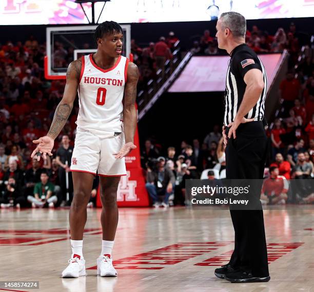 Marcus Sasser of the Houston Cougars argues with the referee after being called for a foul against the Temple Owlsduring the first half at Fertitta...