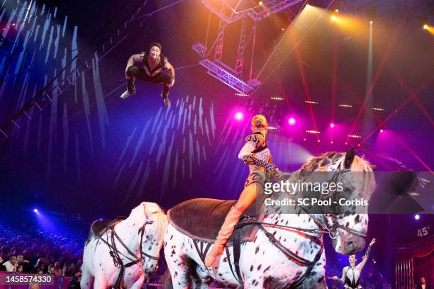 Quincy Azzario, Merrylu and Rene Casselly junior perform during the 45th International Circus Festival : Day Three on January 22, 2023 in Monaco,...