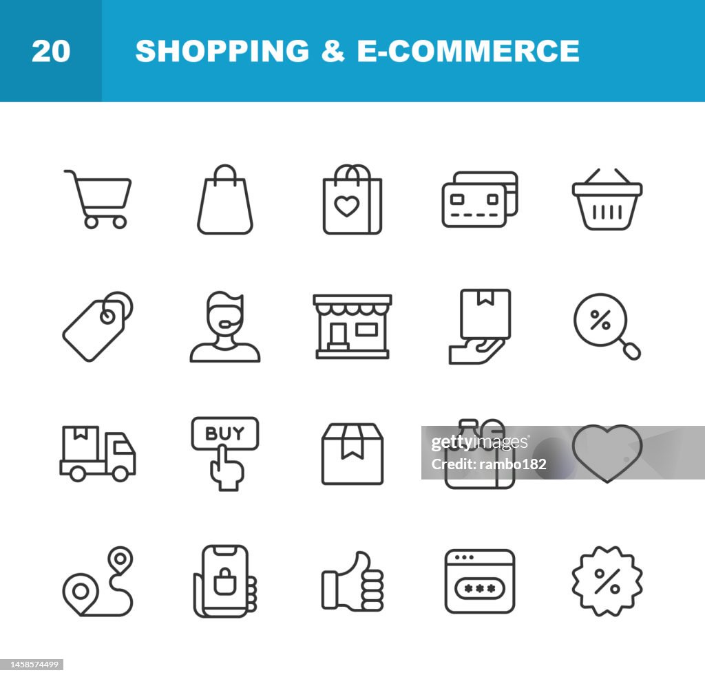 Shopping und E-Commerce Line Icons. Bearbeitbarer Strich. Pixel perfekt. Für Mobile und Web. Enthält Symbole wie Tasche, Kreditkarte, Kundensupport, Lieferung, Lebensmittelgeschäft, Geld, Online-Shopping, Paket, Zahlung, Preis, Verkauf, Warenkorb, Gesch