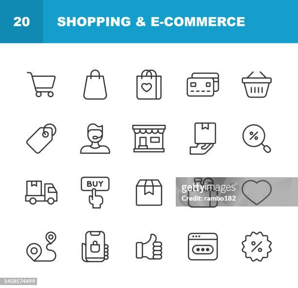 shopping and e-commerce line icons. editable stroke. pixel perfect. for mobile and web. contains such icons as bag, credit card, customer support, delivery, grocery, money, online shopping, package, payment, price, sale, shopping cart, store, transport. - qr code food and drink stock illustrations