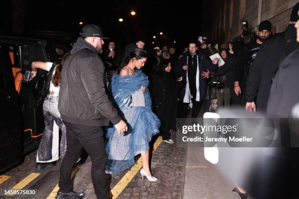 Kylie Jenner is seen wearing a long blue tulle dress and silber heels outside Maison Margiela Show, during during the Paris Fashion Week - Menswear...