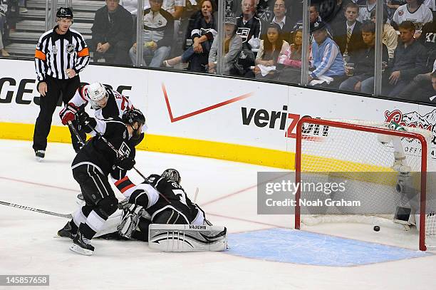 Patrik Elias of the New Jersey Devils scores a goal against Jonathan Quick of the Los Angeles Kings in Game Four of the 2012 Stanley Cup Final at...