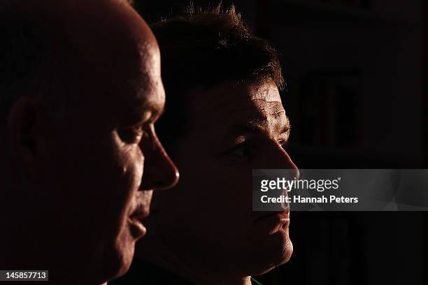 Head coach Declan Kidney and Brian O'Driscoll talk to the media during the Ireland rugby team announcement at the Spencer on Byron on June 7, 2012 in...