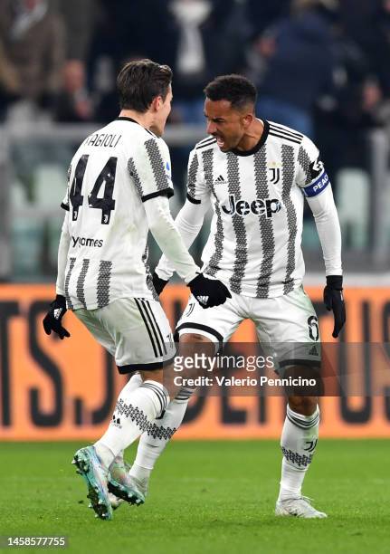 Danilo of Juventus celebrates after scoring the team's third goal during the Serie A match between Juventus and Atalanta BC at Allianz Stadium on...