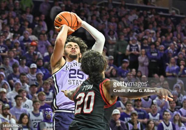 Ismael Massoud of the Kansas State Wildcats shoots the ball against Jaylon Tyson of the Texas Tech Red Raiders in the second half at Bramlage...
