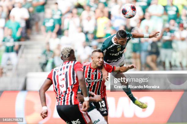 Rony of Palmeiras jumps against Rafinha of Sao Paulo during the match between Palmeiras and Sao Paulo as part of Sao Paulo State Championship 2023 at...