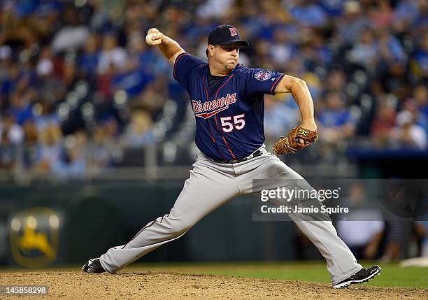 Matt Capps of the Minnesota Twins pitches during the game against the Kansas City Royals on June 6, 2012 at Kauffman Stadium in Kansas City, Missouri.