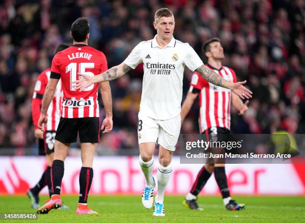 Toni Kroos of Real Madrid celebrates after scoring the team's second goal during the LaLiga Santander match between Athletic Club and Real Madrid CF...
