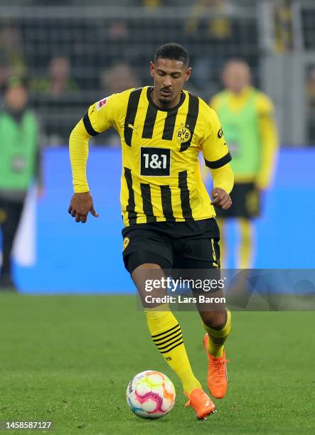 Sebastien Haller of Dortmund runs with the ball during the Bundesliga match between Borussia Dortmund and FC Augsburg at Signal Iduna Park on January...