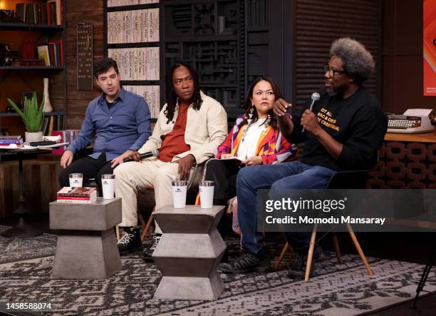 Jason Stanley, Roger Ross Williams, Holly Cook Macarro, and W. Kamau Bell speak onstage at 2023 Sundance Film Festival The Big Conversation 3 at...