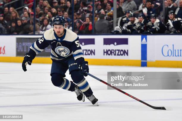 Emil Bemstrom of the Columbus Blue Jackets skates during the first period of a game against the Anaheim Ducks at Nationwide Arena on January 19, 2023...