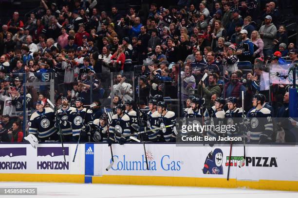The Columbus Blue Jackets bench reacts following a fight during the first period of a game between the Columbus Blue Jackets and the Anaheim Ducks at...