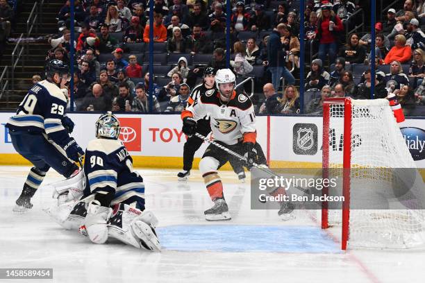 Adam Henrique of the Anaheim Ducks scores on goaltender Elvis Merzlikins of the Columbus Blue Jackets during the second period of a game at...