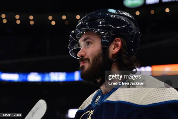 Kirill Marchenko of the Columbus Blue Jackets warms up prior to a game against the Anaheim Ducks at Nationwide Arena on January 19, 2023 in Columbus,...