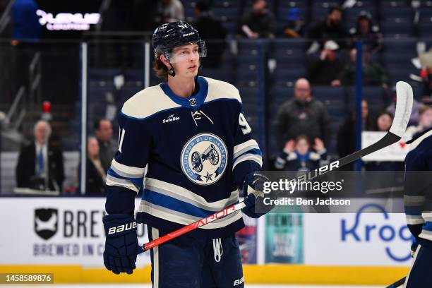 Kent Johnson of the Columbus Blue Jackets warms up prior to a game against the Anaheim Ducks at Nationwide Arena on January 19, 2023 in Columbus,...