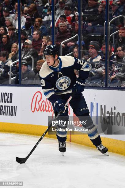 Patrik Laine of the Columbus Blue Jackets skates with the puck during the second period of a game against the Anaheim Ducks at Nationwide Arena on...