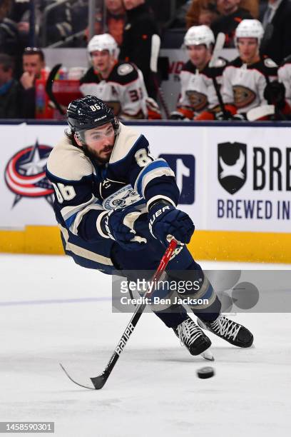 Kirill Marchenko of the Columbus Blue Jackets attempts to block a pass during the third period of a game against the Anaheim Ducks at Nationwide...