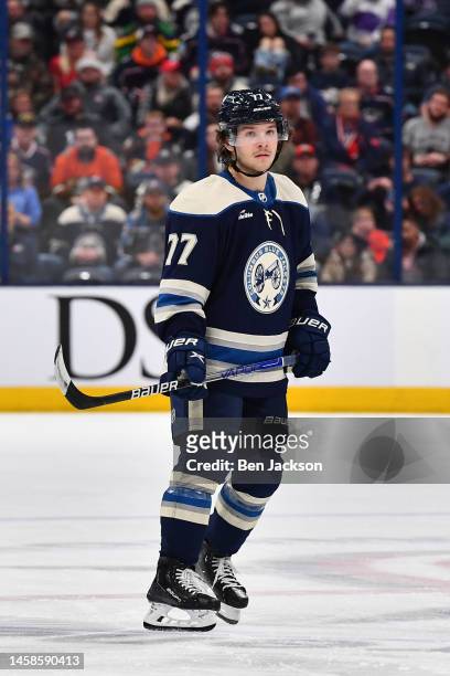 Nick Blankenburg of the Columbus Blue Jackets skates during the third period of a game against the Anaheim Ducks at Nationwide Arena on January 19,...