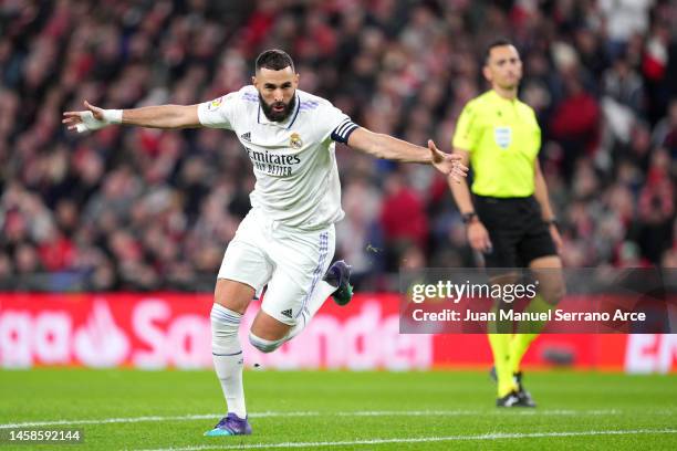 Karim Benzema of Real Madrid celebrates after scoring the sides first goal during the LaLiga Santander match between Athletic Club and Real Madrid CF...