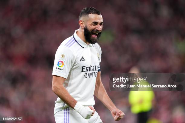 Karim Benzema of Real Madrid celebrates after scoring the sides first goal during the LaLiga Santander match between Athletic Club and Real Madrid CF...