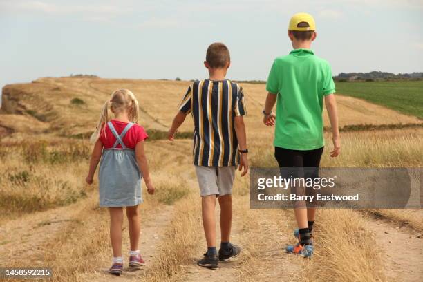 deux garçons et une fille marchant le long du sentier - girls with short skirts photos et images de collection