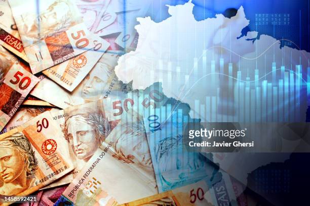 brazil map, cash brazilian reais banknotes, stock market indicators and businessman - dinheiro real - fotografias e filmes do acervo