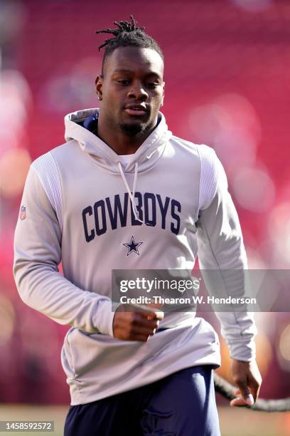 Michael Gallup of the Dallas Cowboys warms up prior to a game against the San Francisco 49ers in the NFC Divisional Playoff game at Levi's Stadium on...