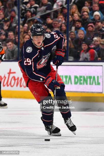 Patrik Laine of the Columbus Blue Jackets skates with the puck during the third period of a game against the San Jose Sharks at Nationwide Arena on...