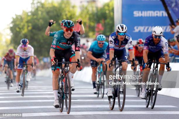 Sam Bennett of Ireland and Team Bora - Hansgrohe celebrates at finish line as stage winner during the 39th Vuelta a San Juan International 2023,...