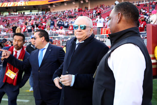 Dallas Cowboys owner Jerry Jones looks on prior to a game against the San Francisco 49ers in the NFC Divisional Playoff game at Levi's Stadium on...