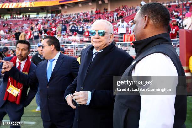 Dallas Cowboys owner Jerry Jones looks on prior to a game against the San Francisco 49ers in the NFC Divisional Playoff game at Levi's Stadium on...